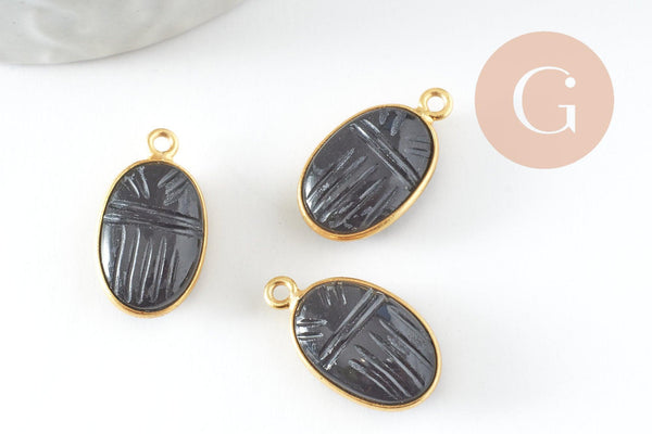 Pendentif scarabée onyx noire naturel argent 925 doré 18K 20mm, création bijou talisman en pierre x1 G9441
