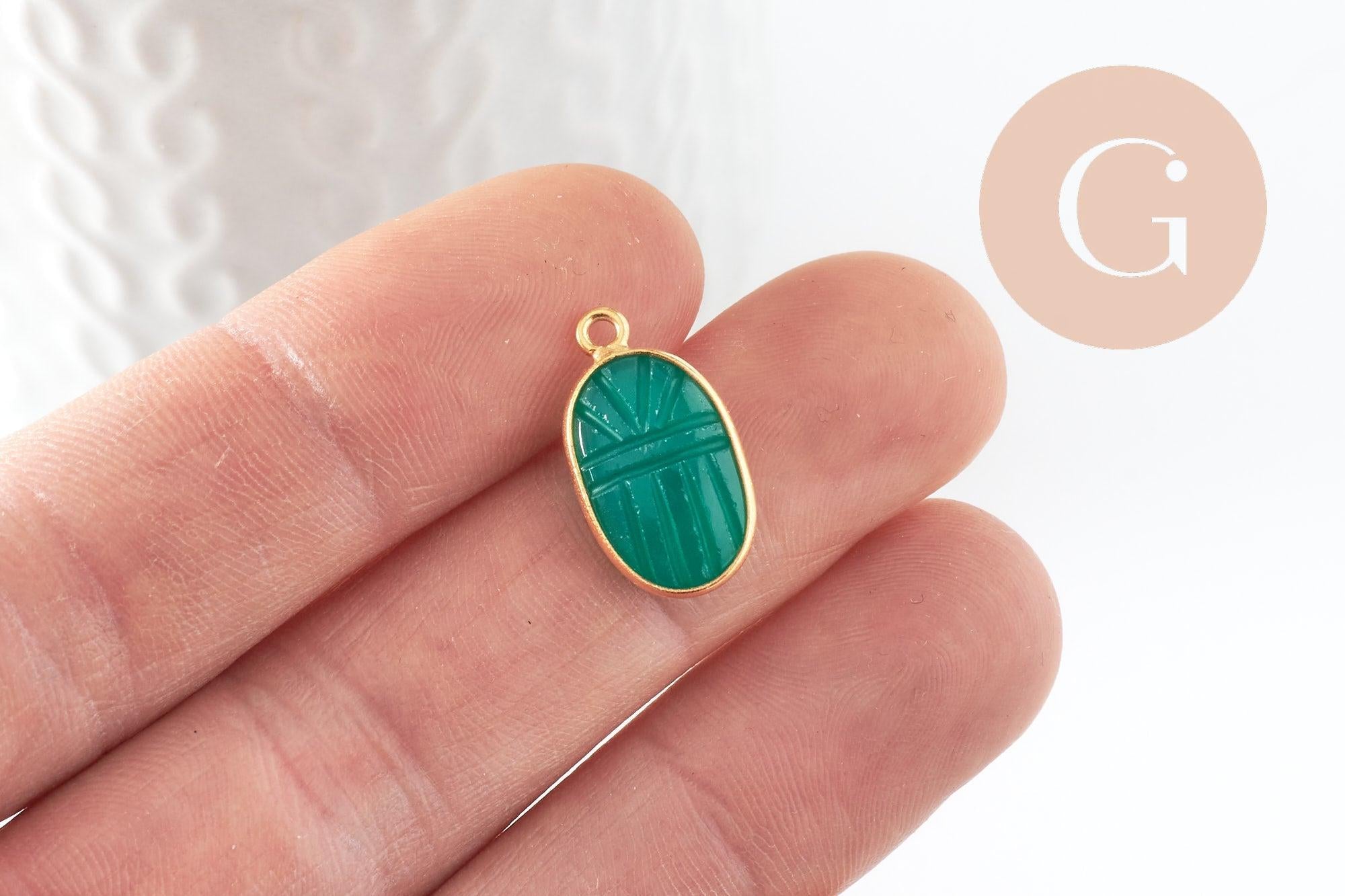 Pendentif scarabée onyx verte naturel argent 925 doré 18K 20mm, création bijou talisman en pierre x1 (G9442)