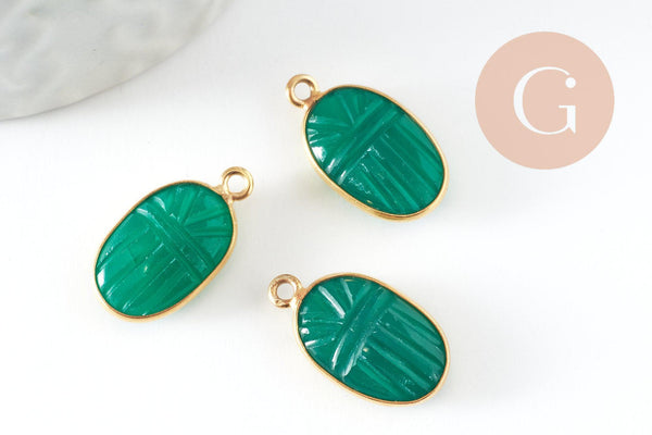 Pendentif scarabée onyx verte naturel argent 925 doré 18K 20mm, création bijou talisman en pierre x1 (G9442)