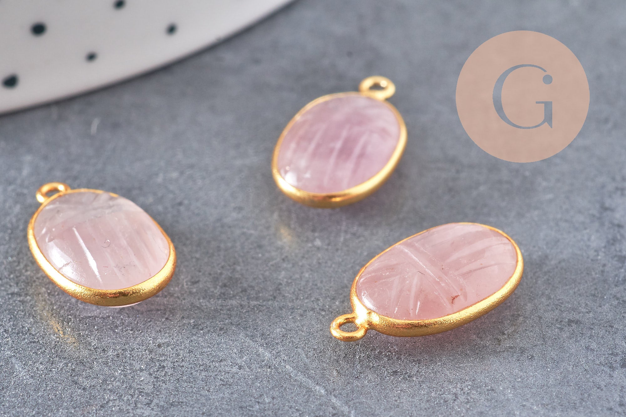 Pendentif scarabée quartz rose naturel argent 925 doré 18K 20mm, x1 (G10853)