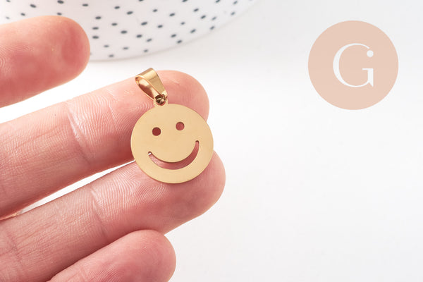 Pendentif smiley acier 304 inoxydable doré IP 19.5mm, x1 (G10802)