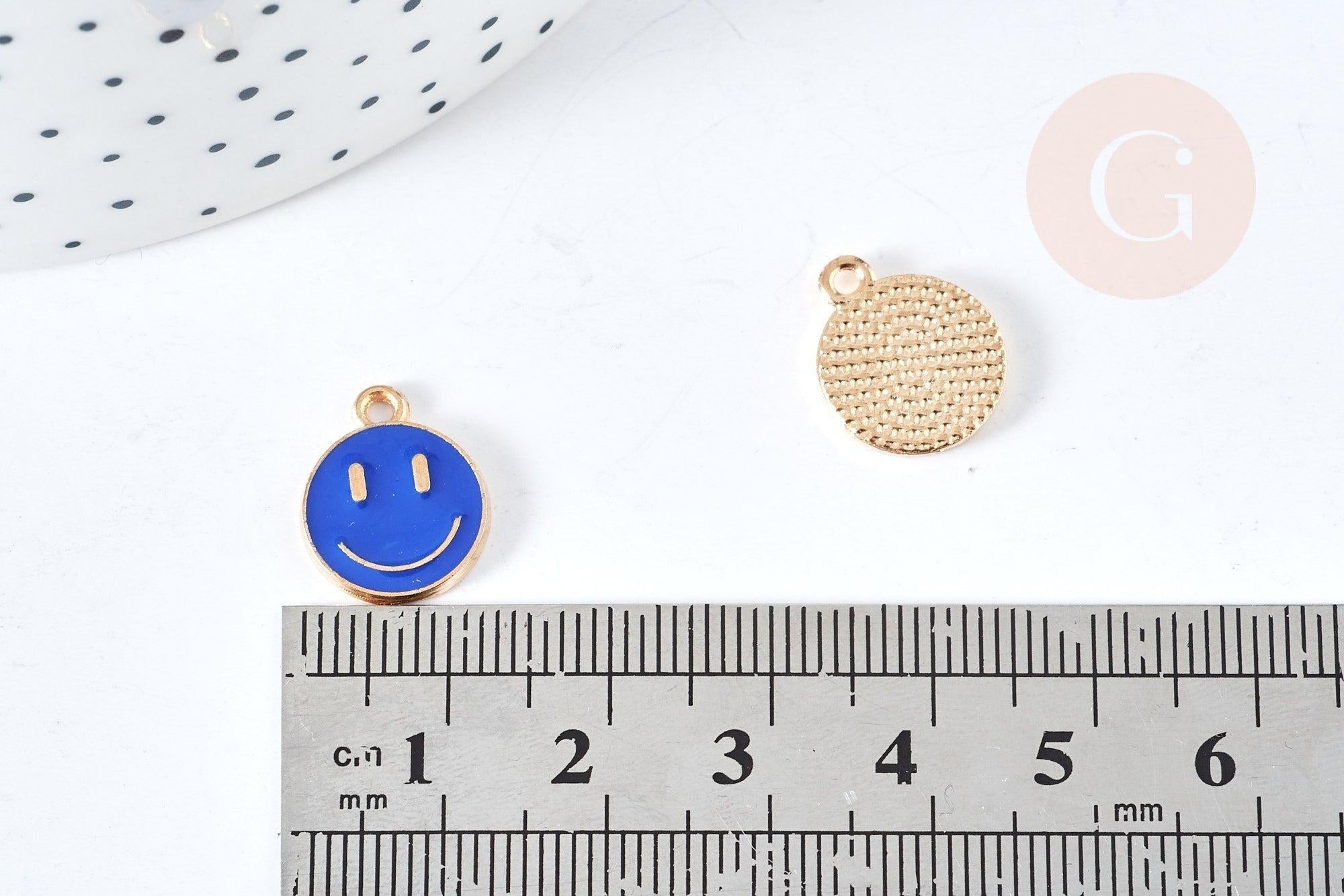 Pendentif smiley zamac doré émaillé bleu 12mm, x5 (G8416)