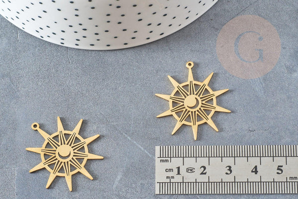 Pendentif soleil acier doré 33.5mm, breloque acier inoxydable doré, pendentif sans nickel, création bijoux, x1 G6141