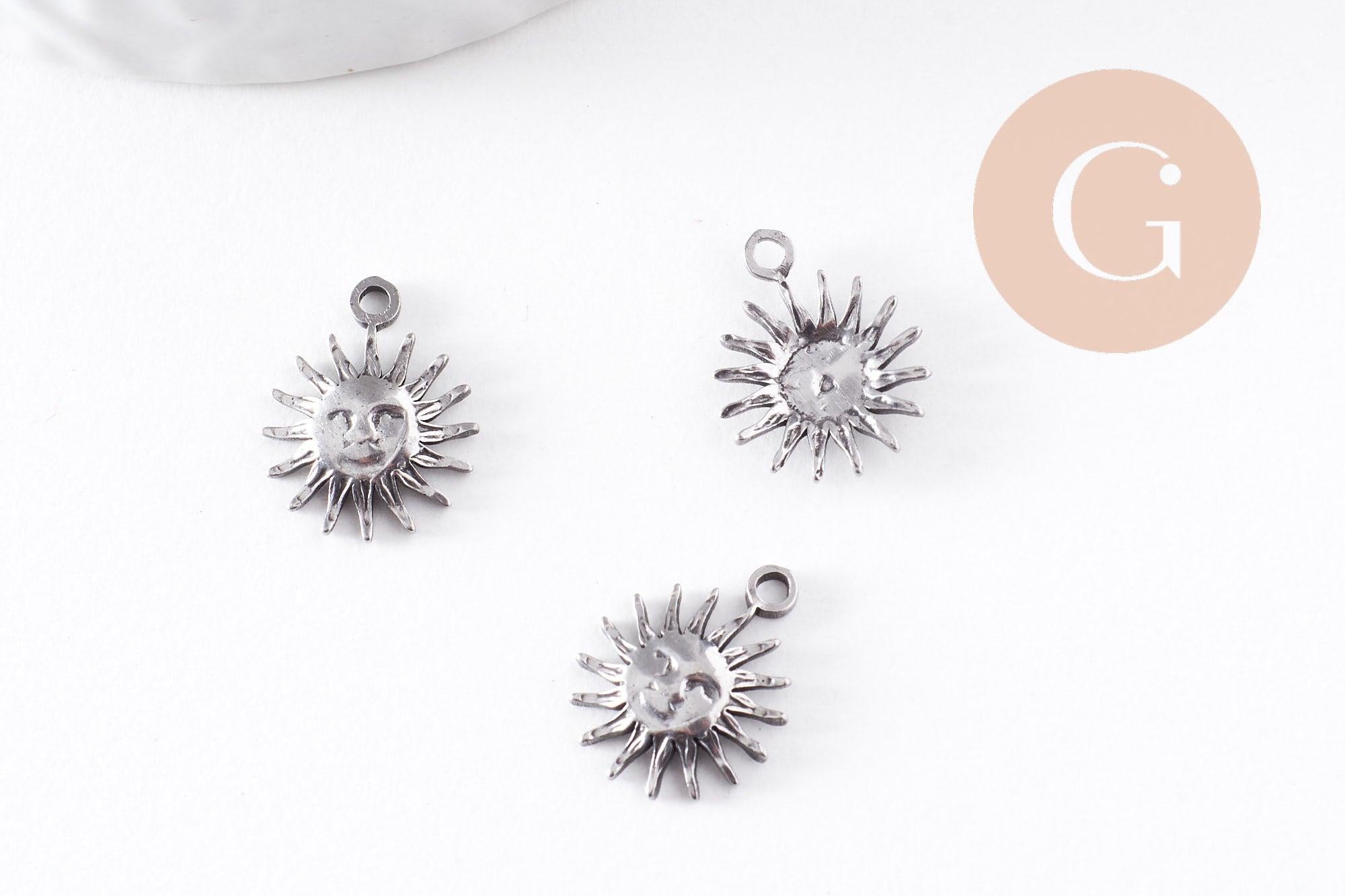 Pendentif soleil acier inoxydable 304 platine 14.5mm, x1 (G10056)