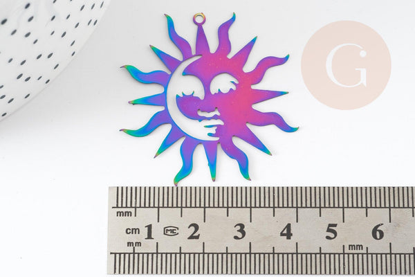 Pendentif soleil arc-en-ciel acier 201 inoxydable dore 40mm,acier inoxydable sans libération de nickel, x1 (G6152)