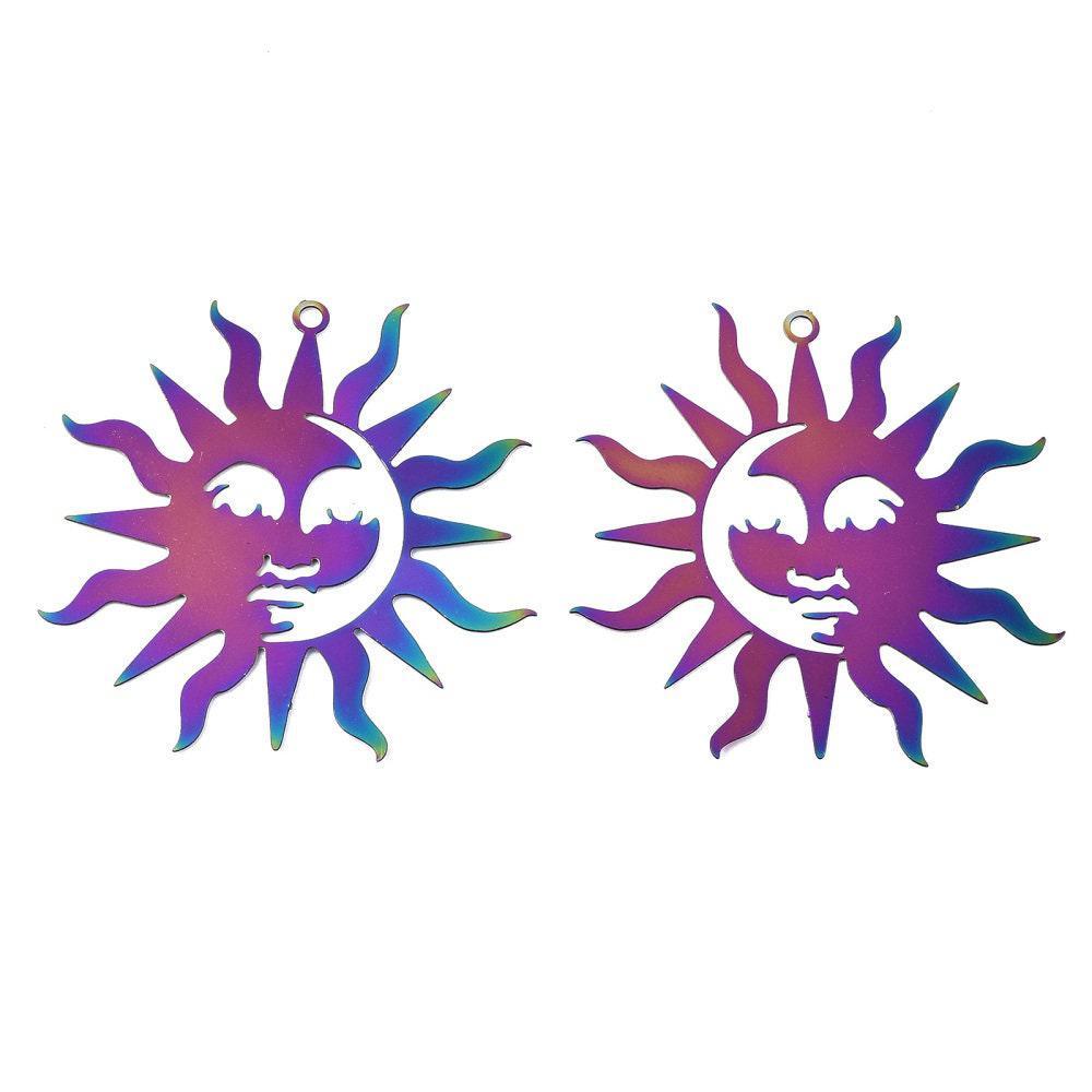 Pendentif soleil arc-en-ciel acier 201 inoxydable dore 40mm,acier inoxydable sans libération de nickel, x1 (G6152)