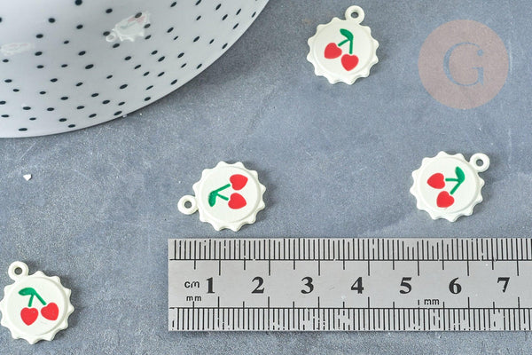 Pendentif soleil cerise rond zamac émail blanc 18mm, création bijoux fruit, x1 (G8041)