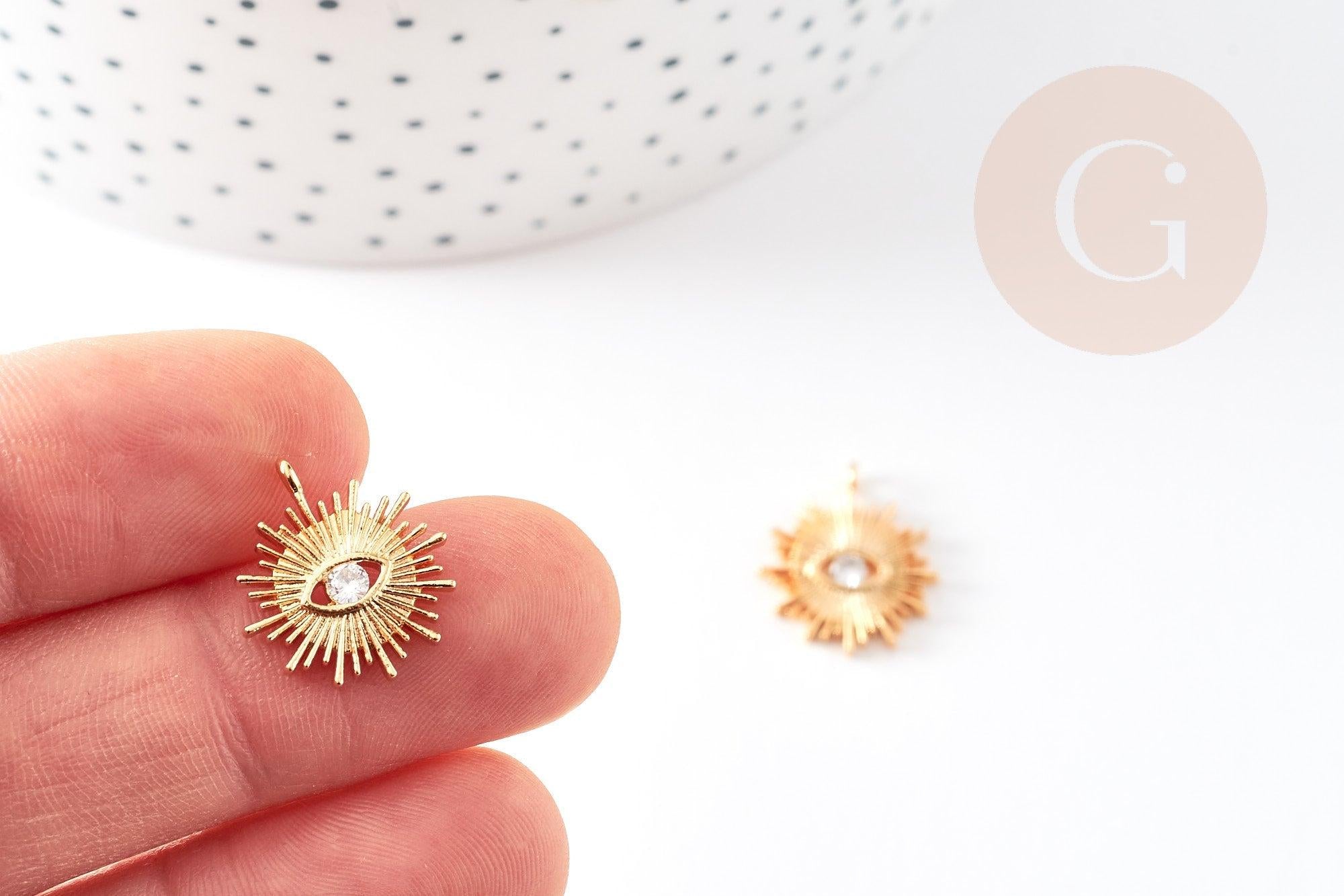 Pendentif soleil laiton doré 18k zircon 17mm, pendentif en cristal pour création bijoux porte bonheur pour femme en zircon, x1 G3968