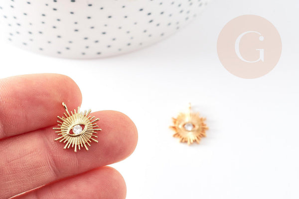 Pendentif soleil laiton doré 18k zircon 17mm, pendentif en cristal pour création bijoux porte bonheur pour femme en zircon, x1 G3968