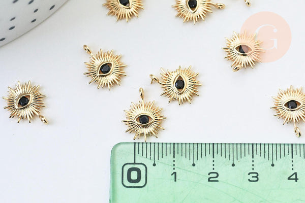 Pendentif soleil laiton doré 18k zircon noir 14mm, x1 (G5515)