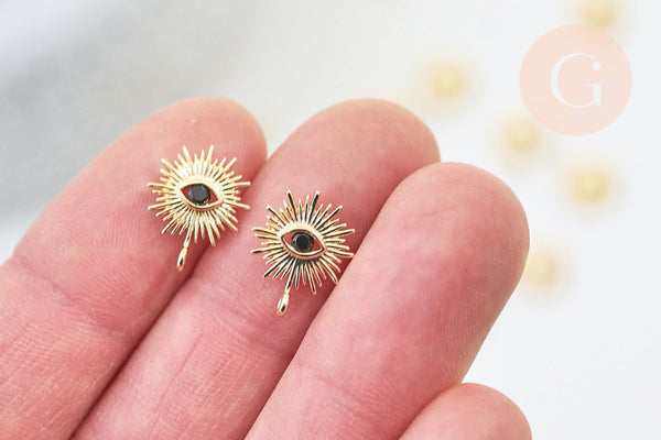 Pendentif soleil laiton doré 18k zircon noir 14mm, x1 (G5515)