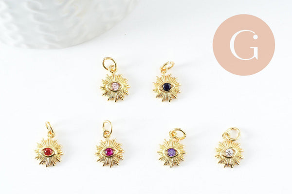 Pendentif soleil laiton doré 18k zircon, pendentif en cristal pour création bijoux porte bonheur pour femme en zircon,12.5mm, x1 (G6195)