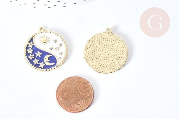 Pendentif soleil lune étoiles bleu zamac doré zircon 27.7mm, x1 (G8088)