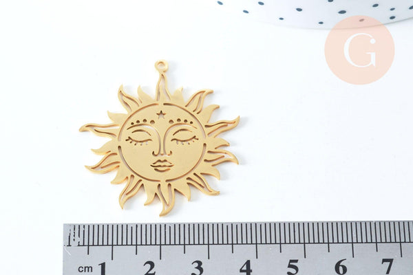 Pendentif soleil mystique acier 201 inoxydable doré 37.5mm, pendentif soleil création bijoux, x1 G6334