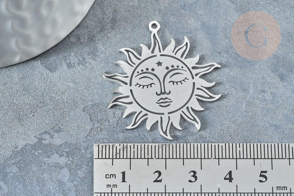Pendentif soleil mystique argenté acier inoxydable 37.5mm, acier inoxydable platine, x1 G7655