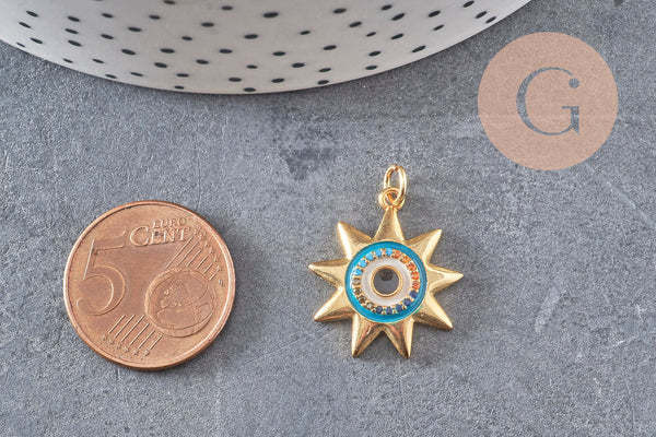 Pendentif soleil oeil cristal zircon émail bleu 21.5mm, x1 (G3555)