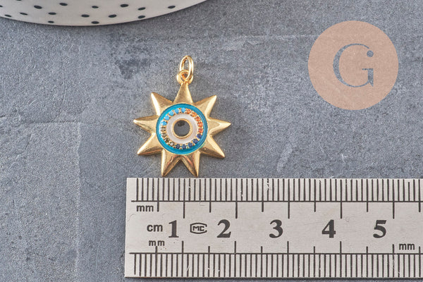 Pendentif soleil oeil cristal zircon émail bleu 21.5mm, x1 (G3555)