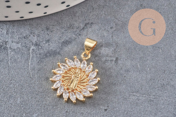 Pendentif soleil vierge marie laiton doré 18k zircon 21mm, cristal pour création bijoux porte bonheur femme en zircon, x1 (G8518)