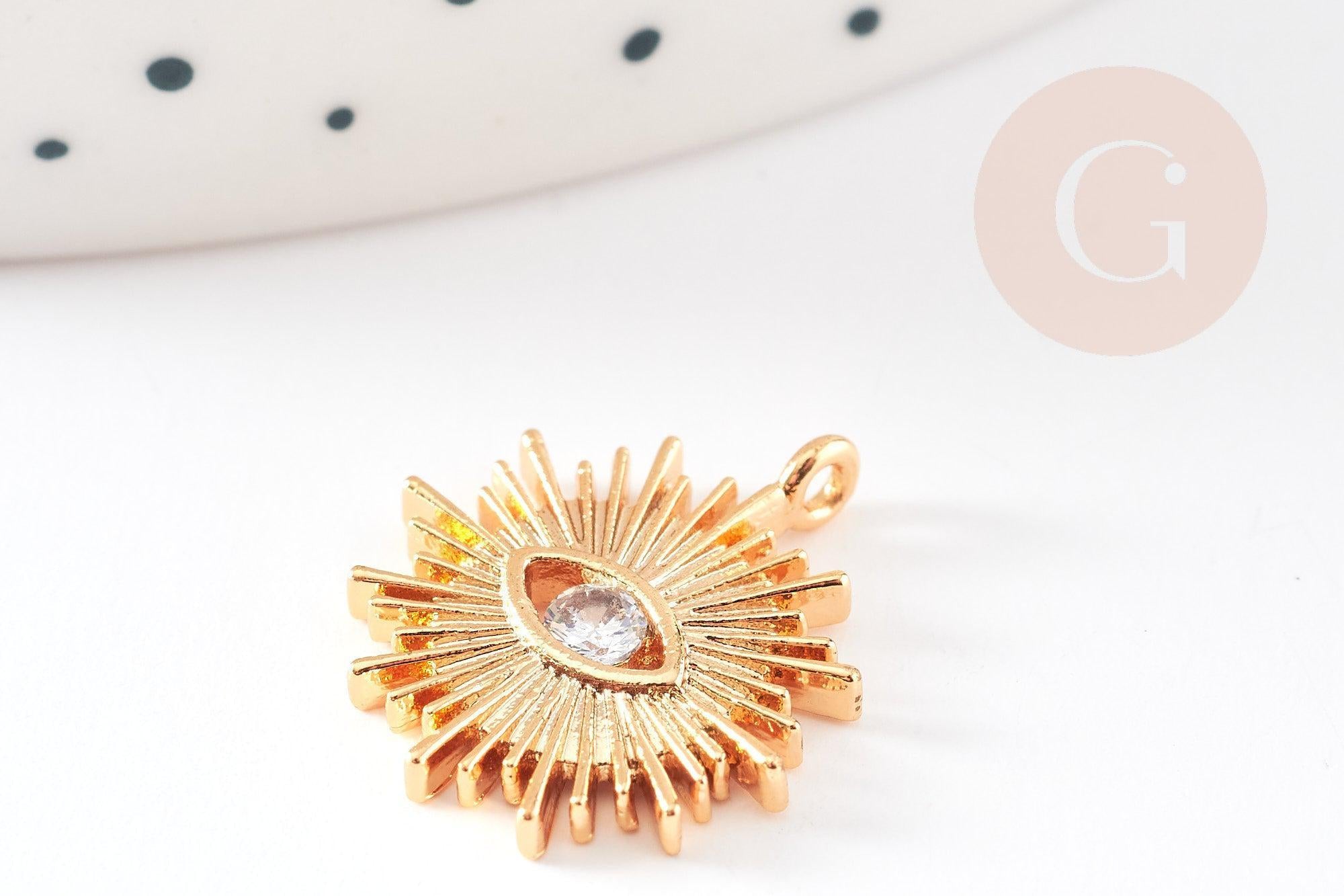 Pendentif soleil zamac doré 18k zircon 16.5mm, x1 (G10546)