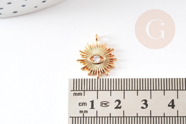 Pendentif soleil zamac doré 18k zircon 16.5mm, x1 (G10546)