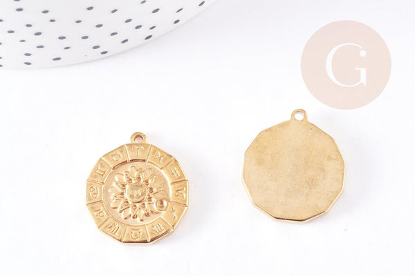 Pendentif soleil zodiaque acier 304 inoxydable doré 24mm,x1 (G4053)