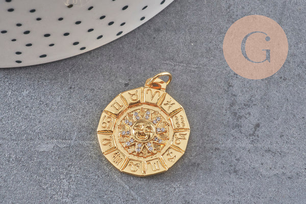Pendentif soleil zodiaque doré 18K et zircons,pendentif doré horoscope,porte-bonheur,laiton doré, Pendentif soleil,21mm, x1 G4063