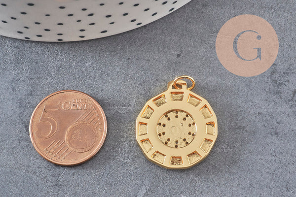 Pendentif soleil zodiaque doré 18K et zircons,pendentif doré horoscope,porte-bonheur,laiton doré, Pendentif soleil,21mm, x1 G4063
