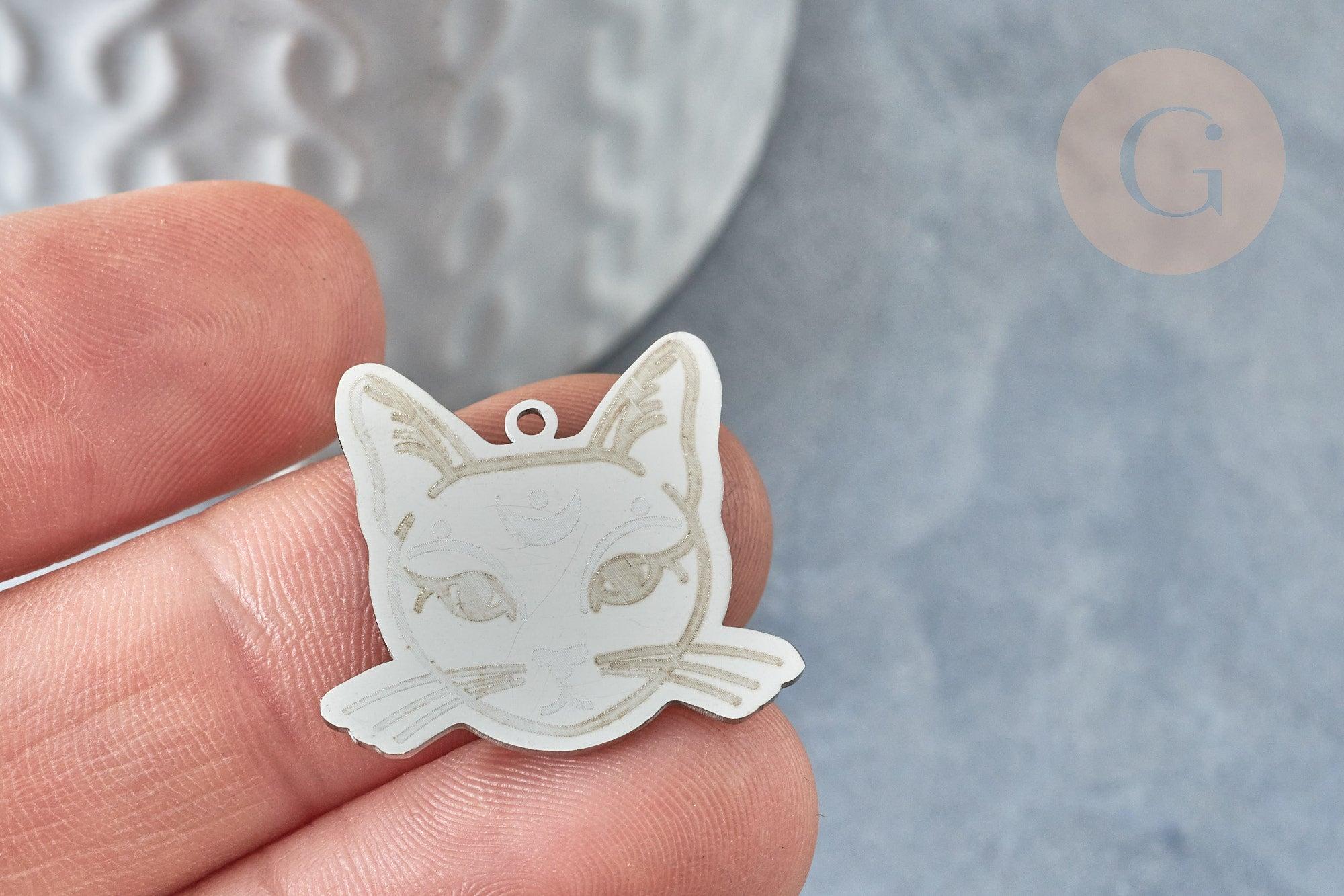 Pendentif tête de chat mystique argenté acier inoxydable 22mm pour la création de bijoux en acier inoxydable, x1 G7614