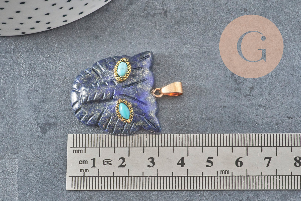 Pendentif tête de léopard Lapis Lazulis naturel laiton doré 32.5mm, x1 VALIDE-pendentif pierre-Gingerlily Perles