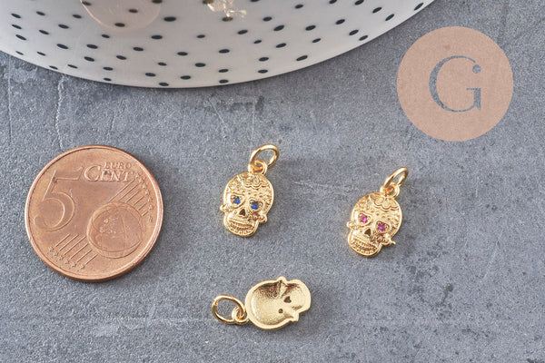 Pendentif tête de mort laiton doré zircons, pendentif sans nickel, pendentif laiton doré,12.5mm, x1 (G5428)