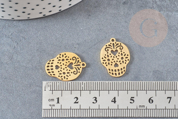 Pendentif tête de mort mexique acier 201 inoxydable dore 22mm,breloque acier inoxydable doré dia de muertos, x1 G4609