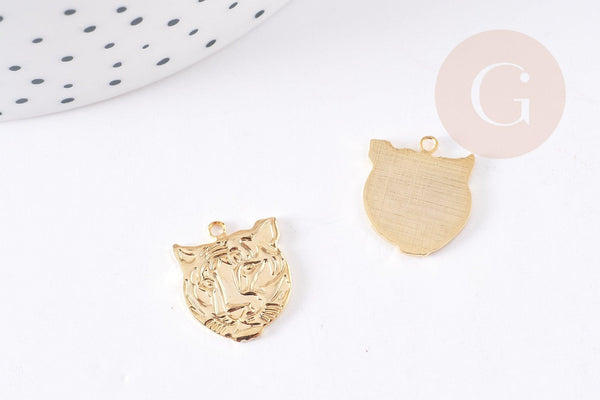 Pendentif tête de tigre laiton doré 16K 16mm,pendentif animal sauvage x1 G9073