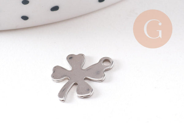 Pendentif trèfle 4 feuilles acier 201 inoxydable platine 13.5mm, x2 (G10482)