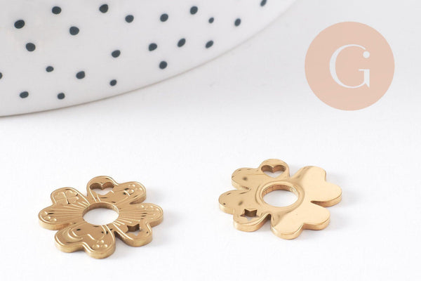 Pendentif trèfle 4 feuilles acier 316 inoxydable doré IP 17mm, x1 (G10507)