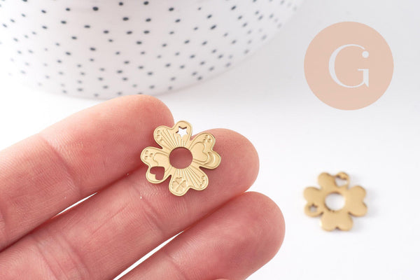 Pendentif trèfle 4 feuilles acier 316 inoxydable doré IP 17mm, x1 (G10507)