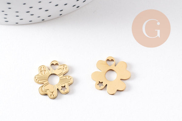 Pendentif trèfle 4 feuilles acier 316 inoxydable doré IP 17mm, x1 (G10507)