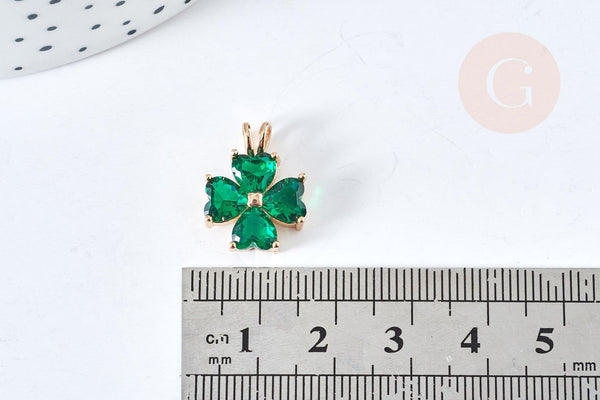 Pendentif trèfle 4 feuilles laiton doré 18K zircons vert 18.5mm, x1 (G8403)