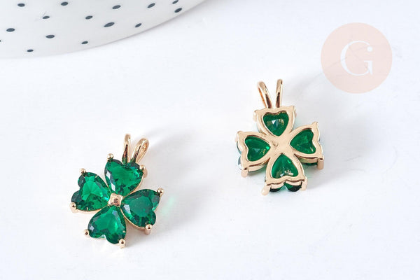 Pendentif trèfle 4 feuilles laiton doré 18K zircons vert 18.5mm, x1 (G8403)