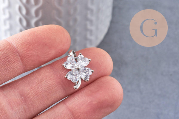 Pendentif trèfle 4 feuilles laiton platine zircons 17mm, x1 (G10403)