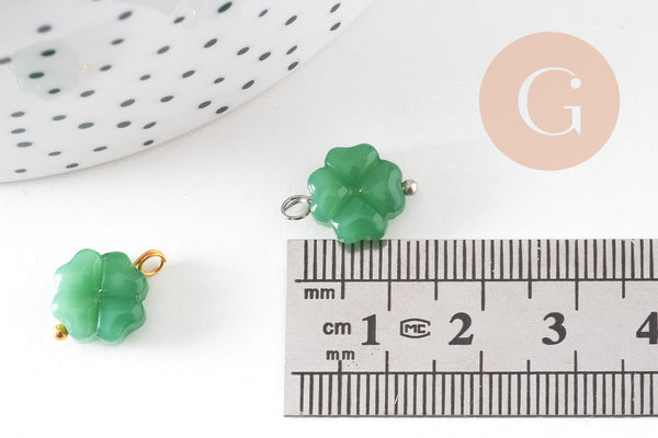 Pendentif trèfle 4 feuilles verre vert laiton 14.5mm, x1 (G10824)