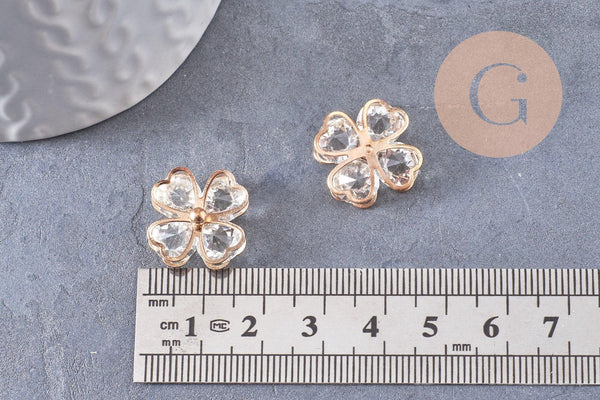 Pendentif trèfle 4 feuilles zamac doré zircons 18mm, x2 (G10415)