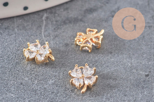 Pendentif trèfle quatre feuilles laiton doré 18K et zircons colorés,breloque laiton feuille, bijoux doré chance,9mm, x1 (G4460)