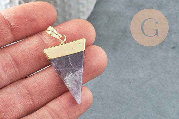 Pendentif triangle améthyste violette, fournitures créatives, pendentif pierre, support doré, création bijoux, pierre naturelle, 33mm, x1 (G1362)