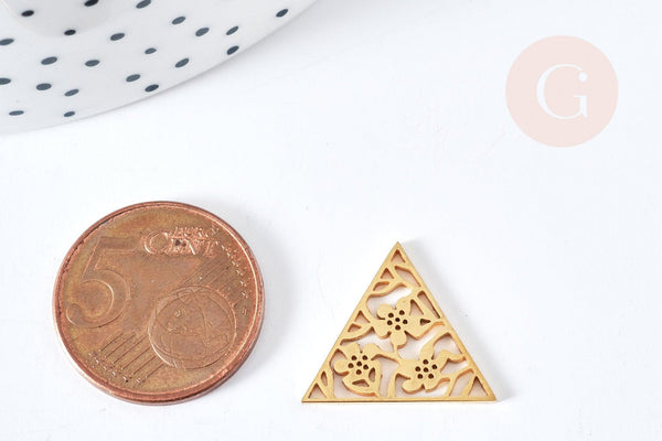 Pendentif triangle fleuri acier doré 17mm, breloque doré, acier inoxydable doré, pendentif sans nickel, création bijoux, x1 (G5925)