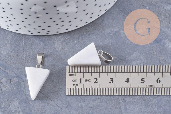Pendentif triangle jade naturel blanc acier inoxydable platine 24mm, x1 (G10059)