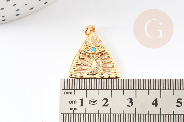 Pendentif triangle oeil laiton doré 18K texturé pierre 23mm, pendentif doré sans nickel pour la création bijoux, x1 G4747