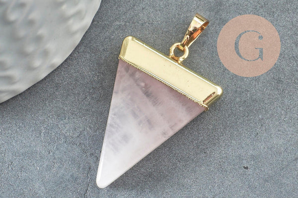 Pendentif triangle quartz rose,quartz naturel,pendentif pierre, support doré, création bijoux, pierre naturelle, 33mm, x1 (G2059)