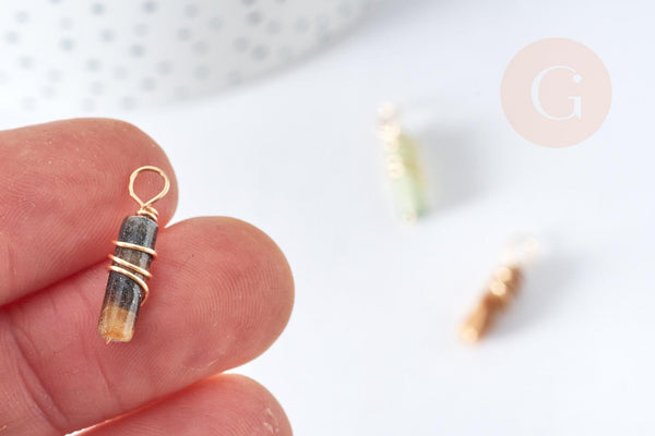 Pendentif tube Jade naturel multicolore support cuivre doré 20~21x5mm, pendentif pierre, x1 (G8396)