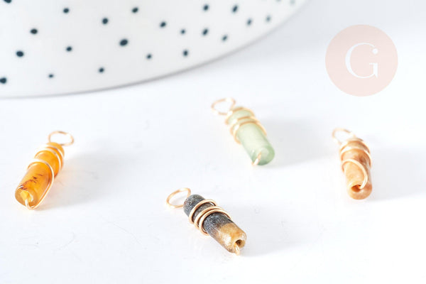 Pendentif tube Jade naturel multicolore support cuivre doré 20~21x5mm, pendentif pierre, x1 (G8396)