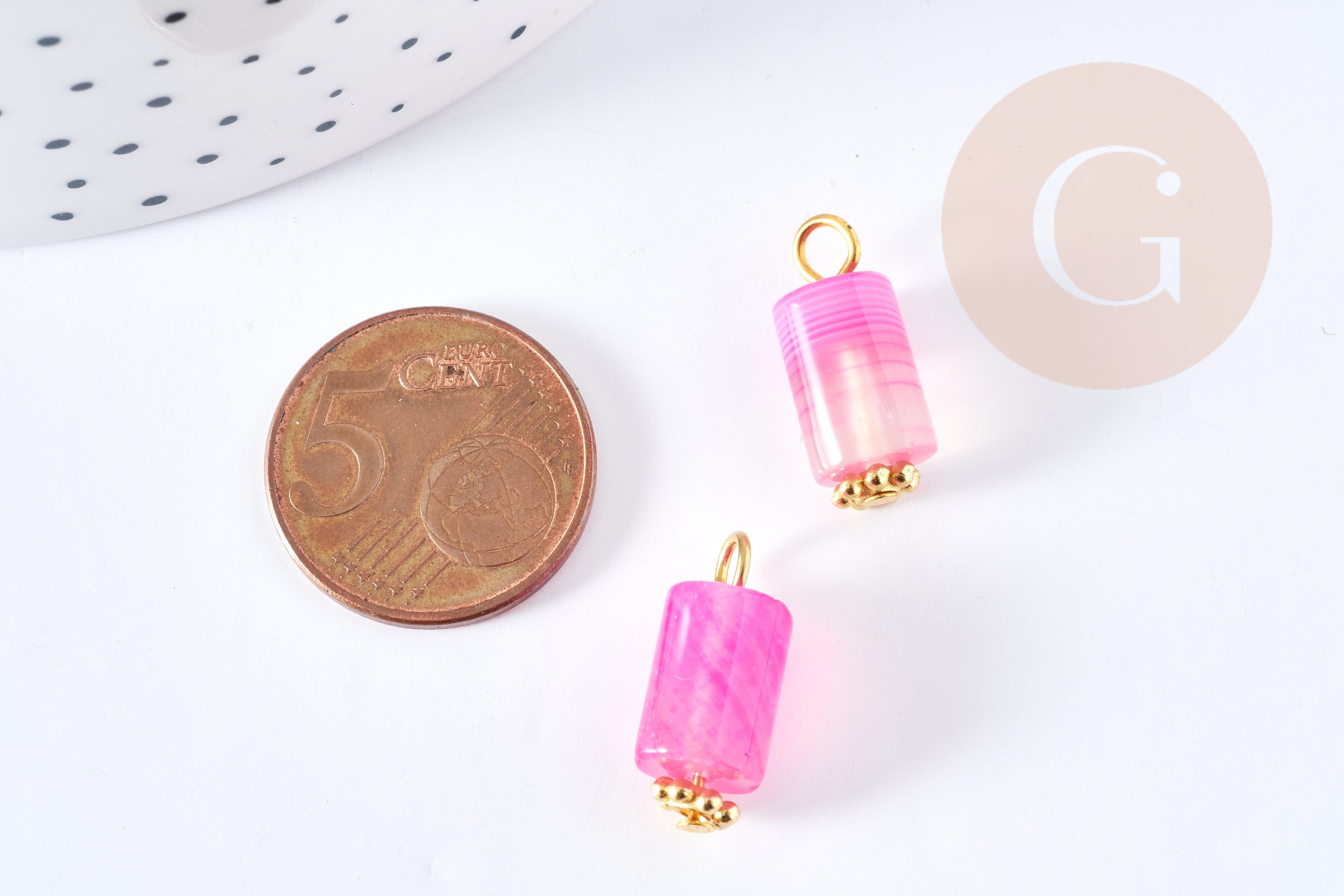 Pendentif tube agate naturelle rayée teintée en rose fer doré 18mm,pendentif pierre naturelle, x1 (G8641)